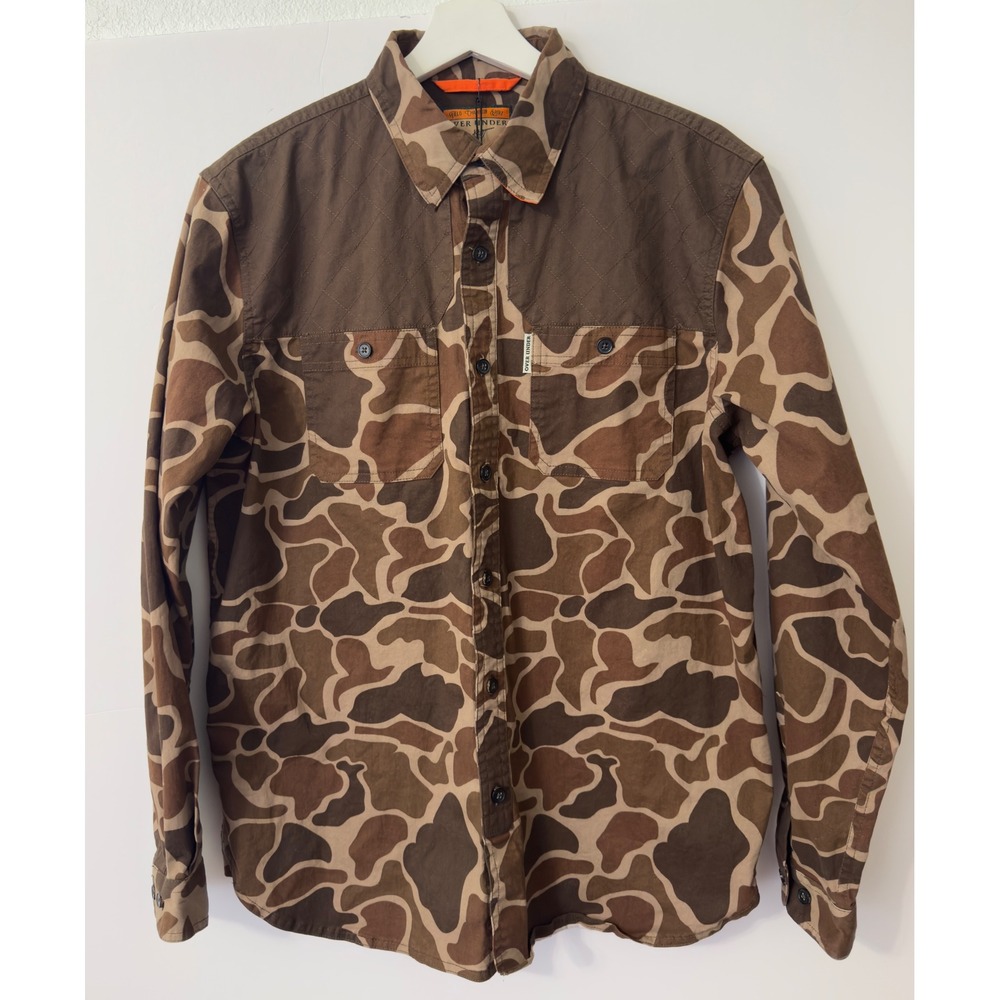 Over Under Field Champion Shirt Mens M Brown Duck Camo Quilted Shooting Patch